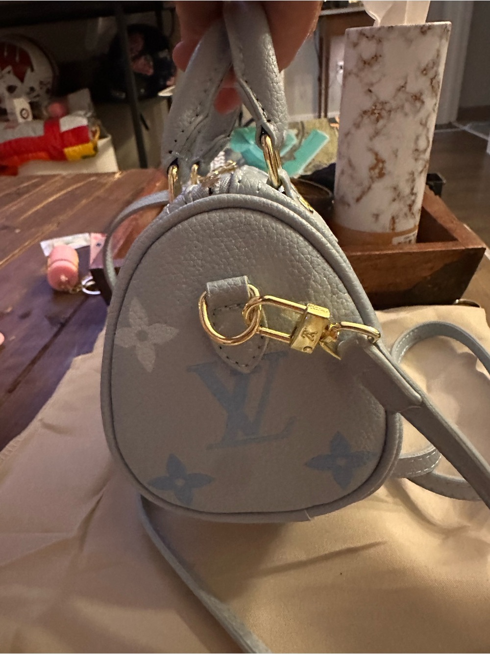 Unlisted Light Blue & White Mini Top-Handle Bag with Gold Hardware - Picture 5 of 14